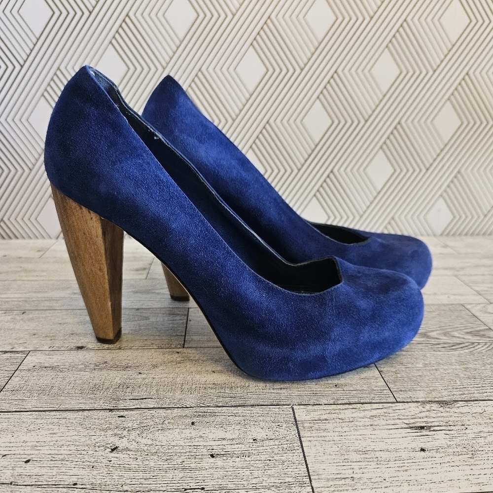 LOEFFLER RANDALL Suede High Wooden Heels Blue Size 6.5B